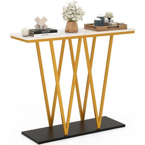 Tavolo console moderno da 100 cm con piano in marmo finto e struttura in metallo, Tavolo da ingresso Bianco + Oro (1/3)