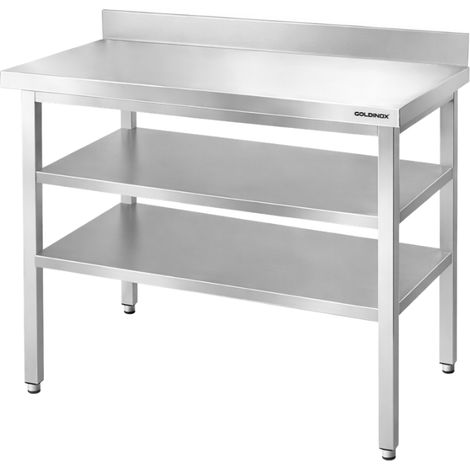 Table de travail en inox Bar 1200x700 mm avec 2 étagères inférieures et dosseret PREMIUM - GOLDINOX (1/4)