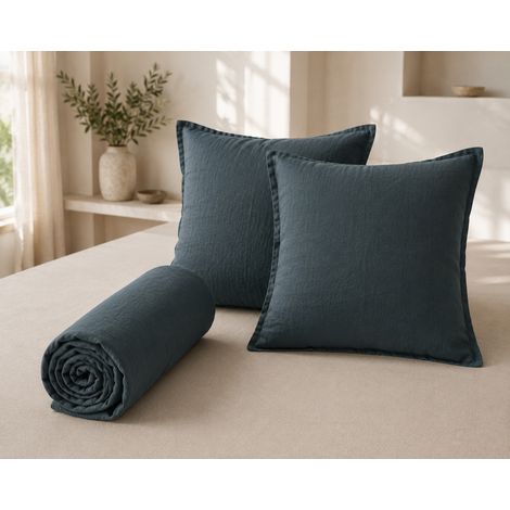 Parure Drap Housse 140 x 190 cm + 2 Taies 60x60 cm 100% Lin Français - Ardoise (1/5)