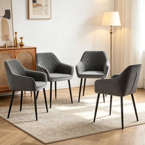 Dining Chairs 4pcs Velvet Kitchen Chairs Upholstered Seat with Backrest and Armrest Office chair, Grey