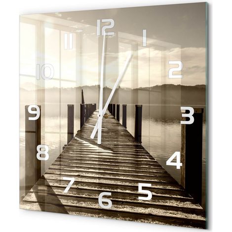 Grande Horloge Murale Carrée Déco Salon Verre Trempé Silencieuse Design Contemporain Pont en bois 60x60 cm (1/5)
