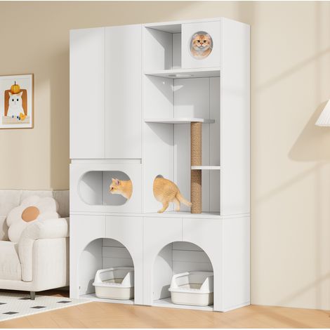 Meuble litière chat 140x45x195 cm en MDF blanc, avec rangement, pour salon, FloraGrace (1/5)