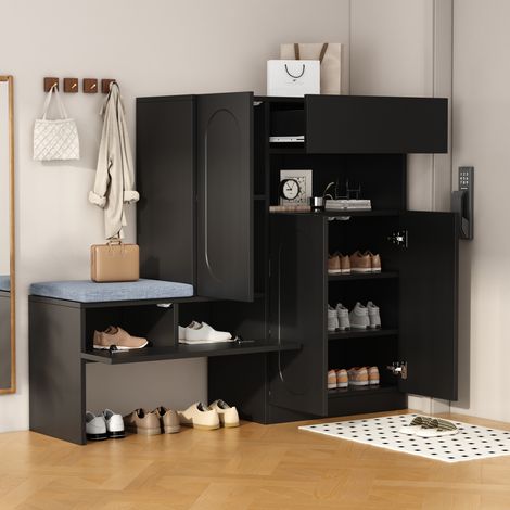 Meuble à chaussures 130x35x110 cm noir en panneaux de particules avec banc, portes à fermeture douce et étagères réglables (1/5)