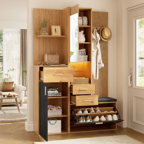 Meuble d'entrée compact avec porte-chaussures intégré, patère, miroir et banquette, éclairage LED via application, rangement à chaussures pliable avec tiroirs, armoire couloir moderne. (1/5)