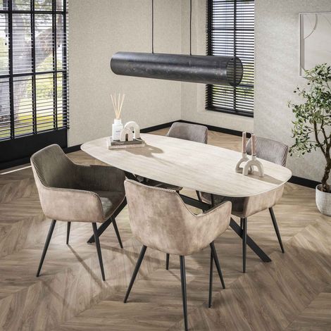 Table 180 cm effet travertin + 4 fauteuils en velours côtelé sable