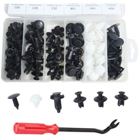 Lot de 100 clips de fixation pour carrosserie de voiture, rivets en plastique, fixations pour pare-chocs, garniture de porte, vis avec outil de démontage (1/4)