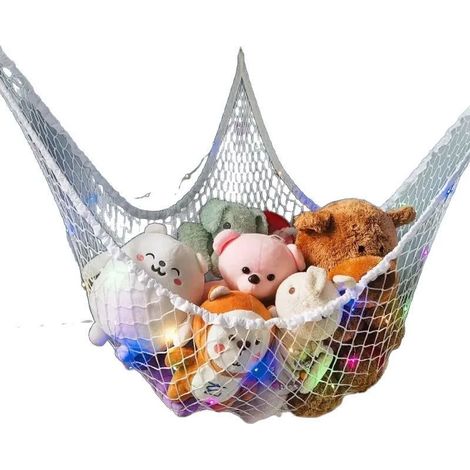 Hamac filet de rangement pour jouets et objets, avec guirlande lumineuse, organisateur suspendu salon, Composition : 180 × 120 × 120 cm, Couleur : blanc (1/5)