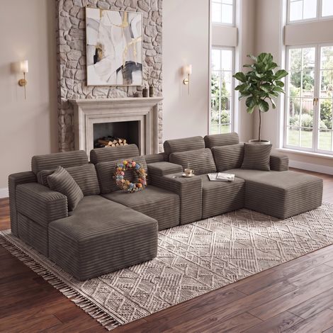 Modulares U-Sofa aus Cord mit 2 Getränkehaltern Khaki 372 x 151 cm (1/5)