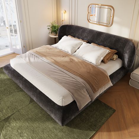 MODFU – Letto matrimoniale 140x200 cm in ciniglia con testiera imbottita, schiuma 12 cm, rete a doghe e carico 300 kg – Grigio (1/5)