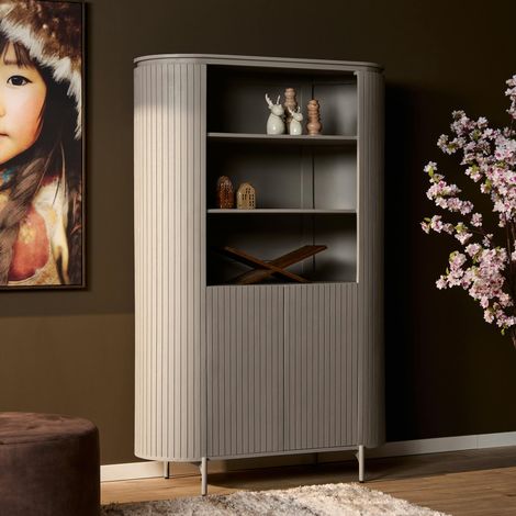 Bibliothèque haute bois gris rainuré avec rangement CALERO (1/5)