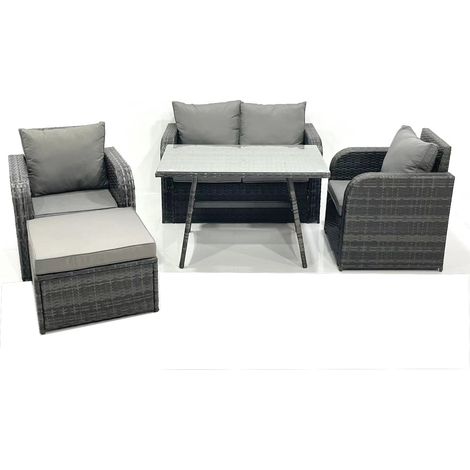 Fimous Gartenmöbel-Set Rattan Sofa Esstisch Set mit Liegestühle 2 Großer Hockern Dunkelgrau Gemischt (1/5)