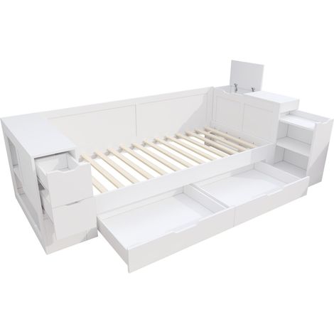 Lit enfant, lit banquette, 90 x 200 cm, lit simple multifonction avec tiroirs, étagères et espace de rangement, avec table de chevet, avec rangement, sans matelas, blanc (1/5)