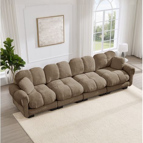 Sofá modular (330x86x90 cm), con cojines gruesos, respaldo y reposabrazos curvos, chenilla marrón (1/5)