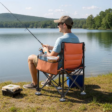 WILITTO Chaise de pêche pliante, chaise de jardin, Supporte jusqu'à 100 kg, hauteur réglable, Semelles antidérapantes, 54 × 54 × 87 cm, couleur orange (1/5)