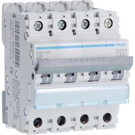 Disjoncteur Tétrapolaire 10kA courbe D 20A 4 modules HAGER NGN420