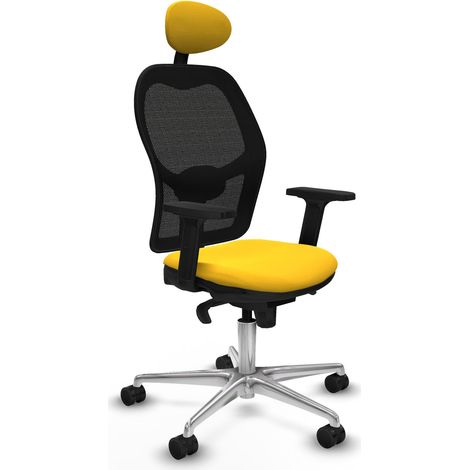 Jorquera sincro malla negra similpiel amarillo brazos 2D base aluminio cabecero fijo ruedas 65mm nailon (1/5)