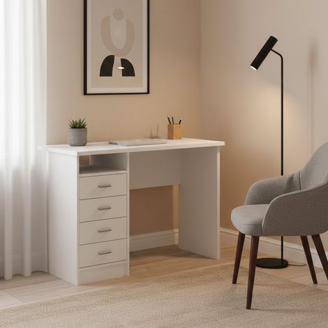 Dmora Escritorio lineal con cuatro cajones, color blanco, Medidas 110 x 76 x 48 cm, con embalaje reforzado (1/5)