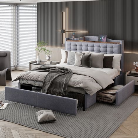 CHICFURN Canapé lit Daybed 140 x 200 cm en lin beige avec éclairage LED et ports USB Type C (1/5)