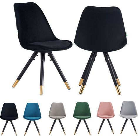 Set of 2 Black Sofia Ergonomic Modern Dining Chairs Upholstered in Velvet, Metal Legs with Gold End Tips (1/5)
