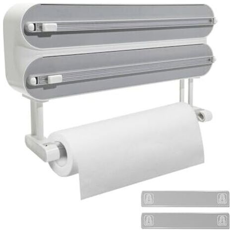 Pair Porte-rouleau de cuisine mural, distributeur de film alimentaire magnétique 3 en 1 amélioré, avec porte-rouleau intégré, rouleau de film plastique de 50 m, blanc (1/5)