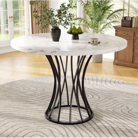 Mesa de comedor redonda 80/80/76 cm negra con tablero efecto mármol y patas metálicas (1/5)
