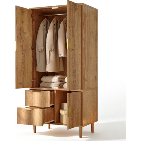 Armoire de chambre aspect chêne 80x50x177 cm, penderie 3 portes avec 2 tiroirs et tringle, façade rainurée 3D et poignées dorées (1/5)