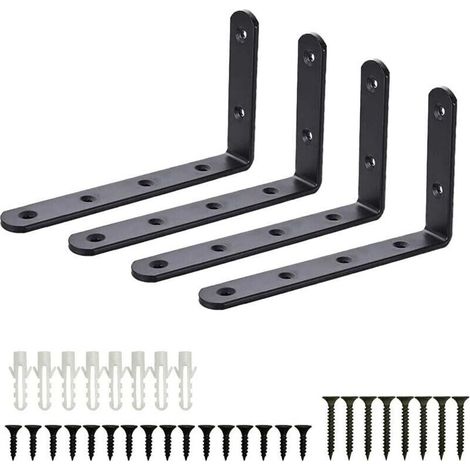 Équerres de Fixation, 4pcs Supports Angulaires Équerre Support Garage Mural en Acier Inoxydable Étagère, Equerre Murale Noir en Forme de L, DIY Industriel pour Meubles Décoration Connexion avec Vis