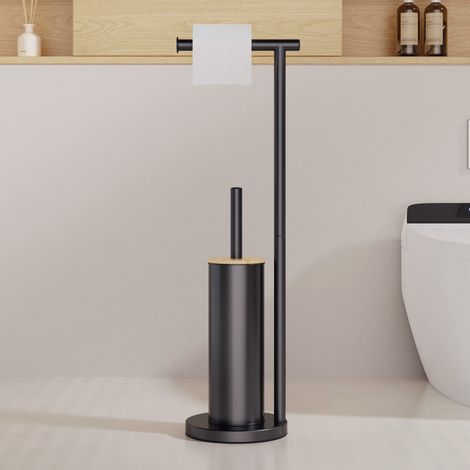 Support papier toilette et brosse WC sur pied en métal noir mat avec couvercle en bambou naturel design 2-en-1 sans perçage (1/5)