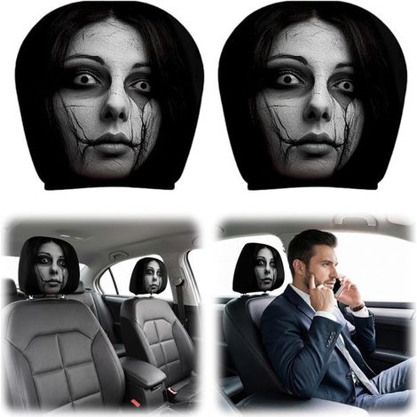 Copri poggiatesta per auto, set da 2 pezzi, copri poggiatesta universali con motivo di Halloween e stampa "Faccia di fantasma", decorazione bifacciale per auto, lavabile (1/5)