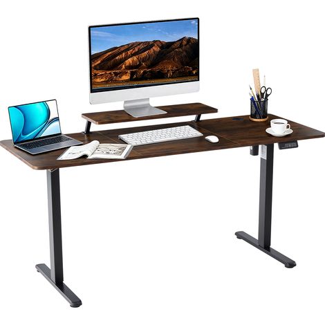 Höhenverstellbarer Schreibtisch 160 x 60 cm, Elektrischer Schreibtische Höhenverstellbar, Gaming Tisch mit Monitorständer, Stehpult Verstellbarer Computertisch, Adjustable Standing Desk, Braun (1/5)