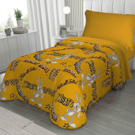 Couvre-lit simple pour enfants 170x250 Bugs Bunny Yellow – Courtepointe légère 80 g/m² en microfibre, fabriquée en Italie (1/5)