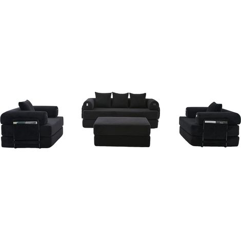 Modulares 4-Sitzer-Sofa aus schwarzem Cord mit Pouf, Metallgestell, Seitentasche, 4 Kissen (1/5)