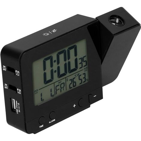 Réveil noir 3531 avec écran de projection, affichage de l'heure et de la température, écran LCD, rechargeable par USB (1/5)