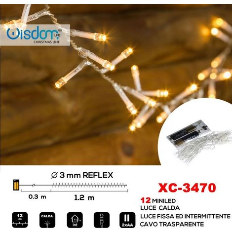 TRADE SHOP - Catena 12 Led A Batteria Cavo Trasparente Luce Calda Fissa+intermittente Xc-3470 -