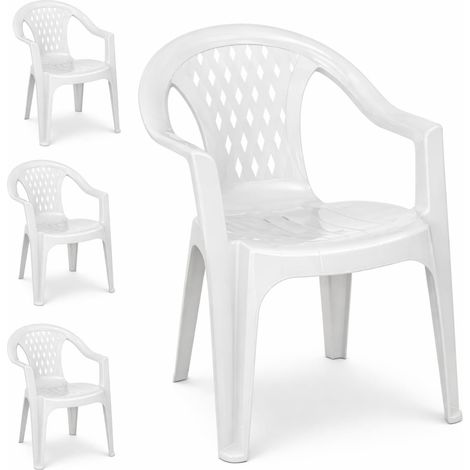 4 sedie di plastica impilabili Bianche con schienale basso con rombi e braccioli per esterno ed interno - Misura 57x61,5x79 cm (1/5)
