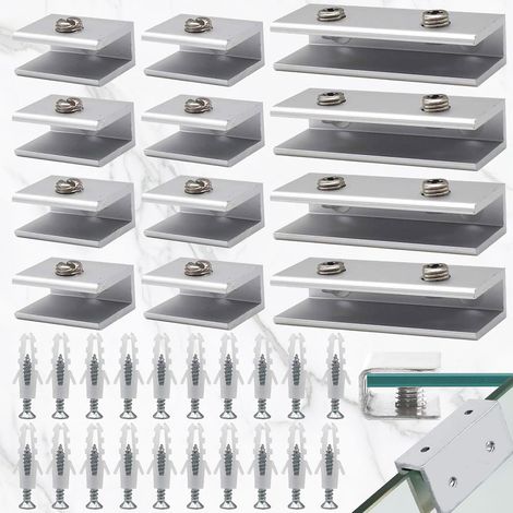 12 pezzi Morsetti per vetro Staffe per mensole in lega, Morsetti per vetro da 6 mm-8 mm, Supporto per mensole in vetro regolabile in alluminio, Adatto per ringhiere, finestre, balaustre, scale, bagni (1/5)