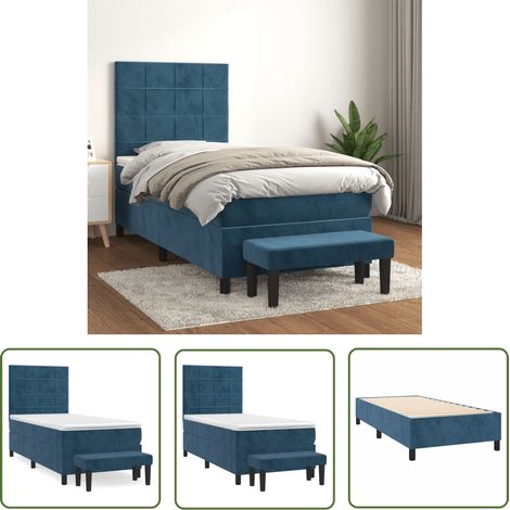 The Living Store Sommier à lattes de lit avec matelas Bleu foncé 90x200 cm - Lit Plateforme - Lit Velours - Lit Double - Lit Design - Literie (1/5)