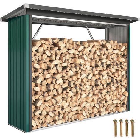 Abri-bûches Couvert Support pour Bois de Chauffage Plancher Surélevé Toit Incliné, Acier Galvanisé 213x66,5x150cm Vert (1/5)