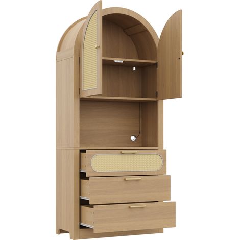 Credenza vetrina ad arco 80 x 35 x 180 cm con LED App e 3 cassetti, rovere chiaro MODENUIT (1/5)