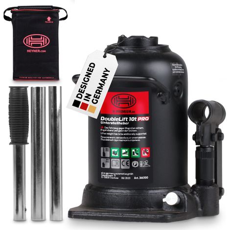 HEYNER® Stempelwagenheber Hydraulisch 10t Wagenheber Doppelhub-Unterstellheber I Hubhöhe 210-442mm I Doppelter Hubkolben I inkl. Tasche für SUV/LKW Hydraulikzylinder