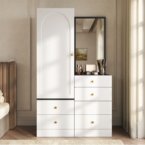 Multifunktionaler Schminktisch-Schrank mit Spiegel, ausziehbarem Hocker, MDF schwarz-weiß OKMYHOME (1/5)