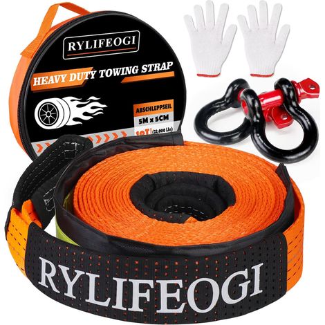 Cordes de Remorquage 10 Ton (22,000Lbs), 5mx5cm Heavy Duty Sangle Remorquage avec 2 Crochets 2 Gants pour Hors Route Urgence (Orange) (1/5)