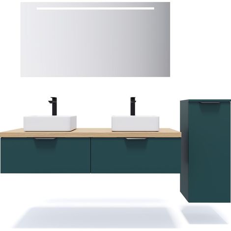 Meuble de salle de bain suspendu 2 vasques à poser 140cm 2 tiroirs Bleu + miroir + colonne ouverture droite - Soho (1/5)
