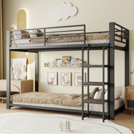 Litera 90x200 cm negra de MDF y metal con escalera de madera y barandilla alta (1/5)