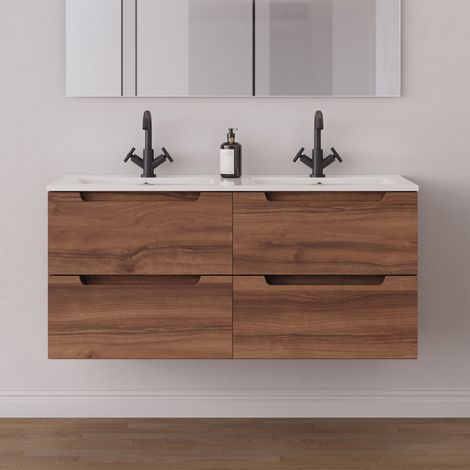 Meuble de salle de bain 140cm double vasque - 4 tiroirs - sans miroir - noyer (bois foncé) - SONRIZA (1/5)