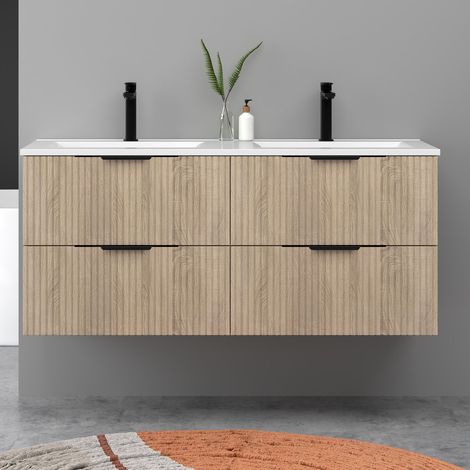 Meuble de salle de bain suspendu Strié 120cm avec poignées + double vasque + 4 tiroirs, Chêne