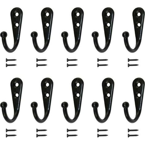10 Ganchos de Pared Simples Negros con Tornillos de Fijación Incluidos (1/4)