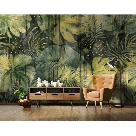 Papier peint panoramique feuilles de monstera jungle verte pour salon et chambre 368x254 cm (1/5)
