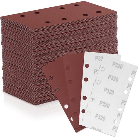 Lot de 100 feuilles abrasives - 93 mm x 185 mm - Grain 320 - 8 trous - Papier de verre avec velcro - Différents accessoires - Matériaux pour ponceuse orbitale (1/5)