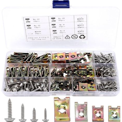 Kit de 200 pièces comprenant des clips en U et des vis, des fixations métalliques universelles en forme de U et des vis de carrosserie pour les ailes de voiture. (1/5)